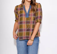 THML Color Pop Plaid Puff Sleeve Top in olive - women's blouse - view 9