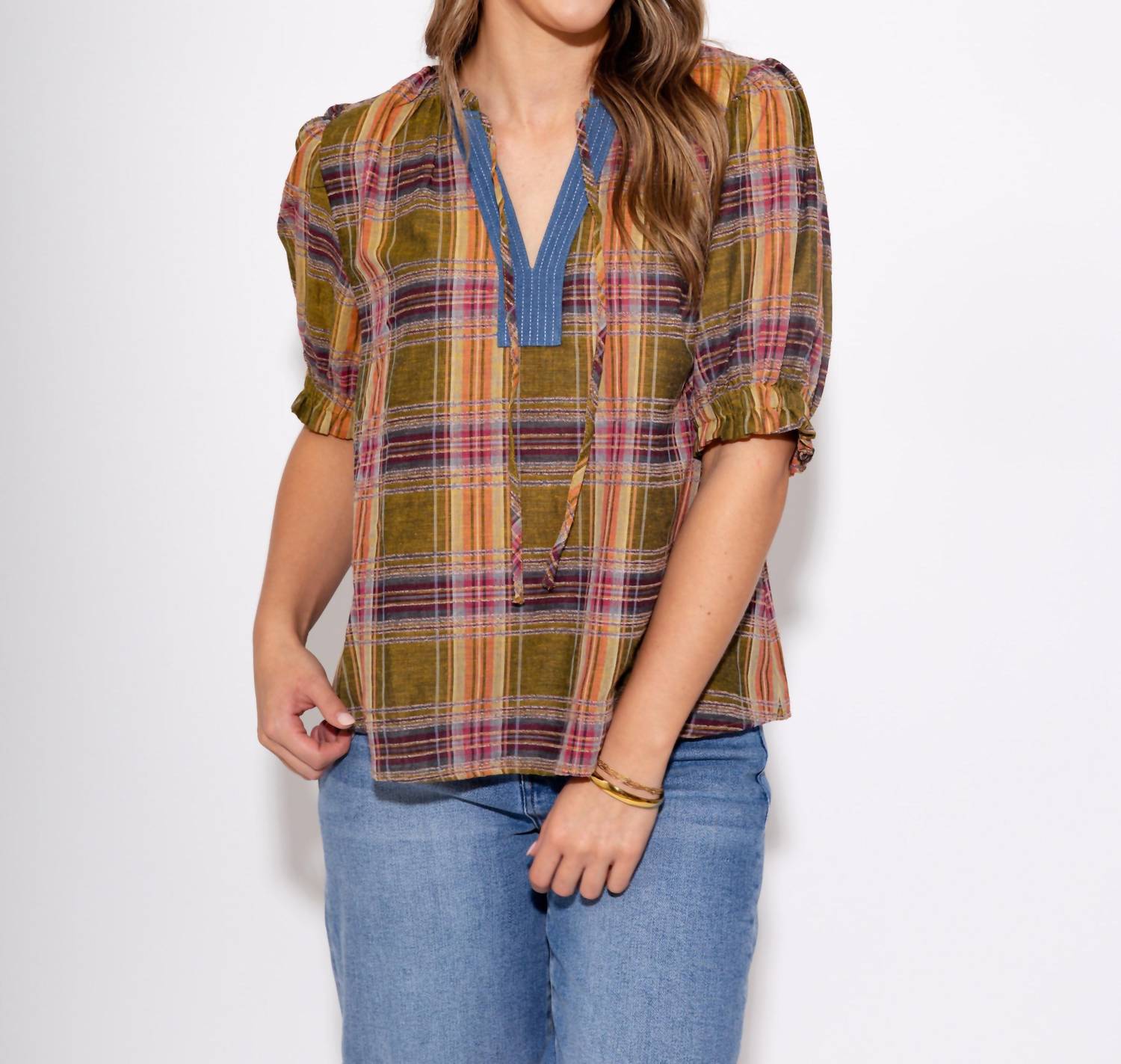 THML Color Pop Plaid Puff Sleeve Top in olive - women's blouse - view 9