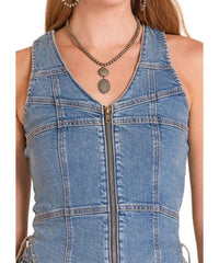 Rock & Roll Denim Seamed Denim Zip Up Vest in blue - women's blouse - detail view
