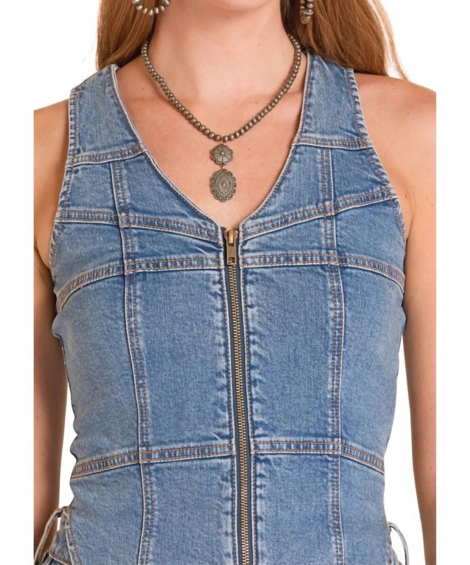 Rock & Roll Denim Seamed Denim Zip Up Vest in blue - women's blouse - detail view