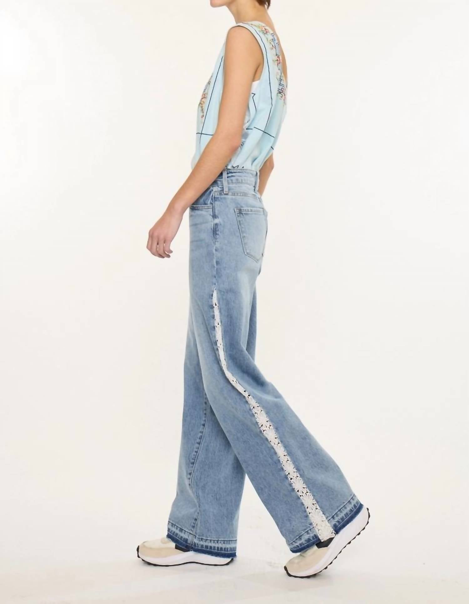 Kancan - High Rise Lace Trim Wide Leg Jean