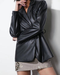 GREYLIN Ava Tie Front Faux Leather Blazer in black - women's jacket - view 4