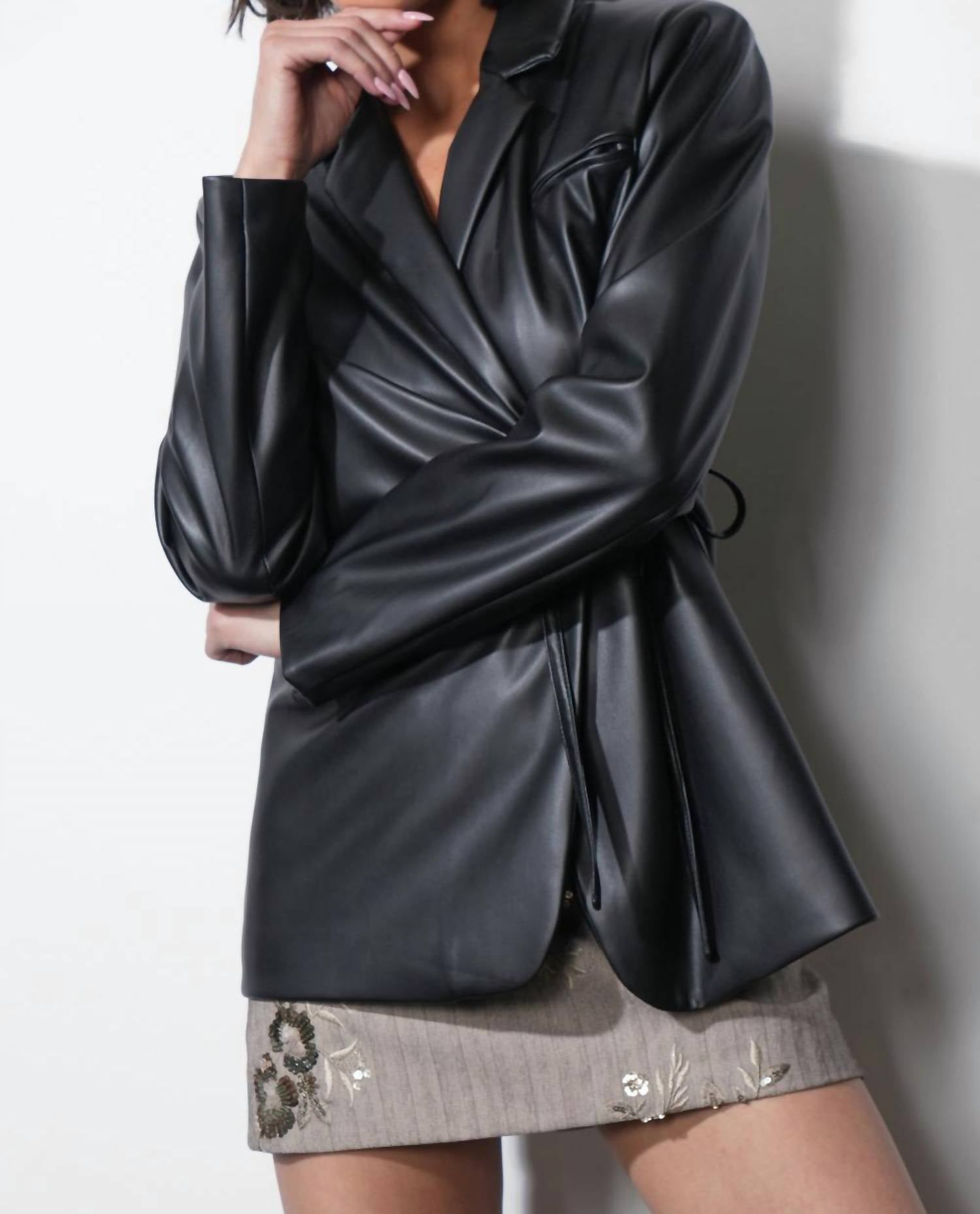 GREYLIN Ava Tie Front Faux Leather Blazer in black - women's jacket - view 4