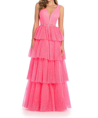 ASHLEYlauren V-neckline Prom Dress in hot pink - women's dress