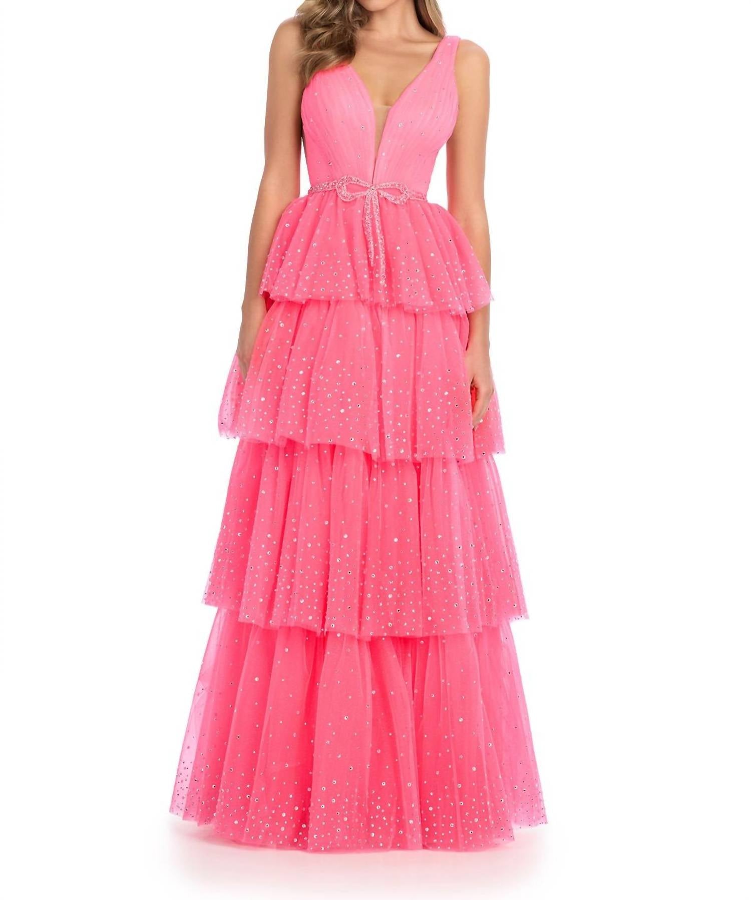 ASHLEYlauren V-neckline Prom Dress in hot pink - women's dress