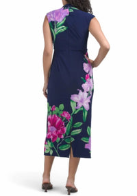 London Times - Flower Print Mock Neck Midi Dress