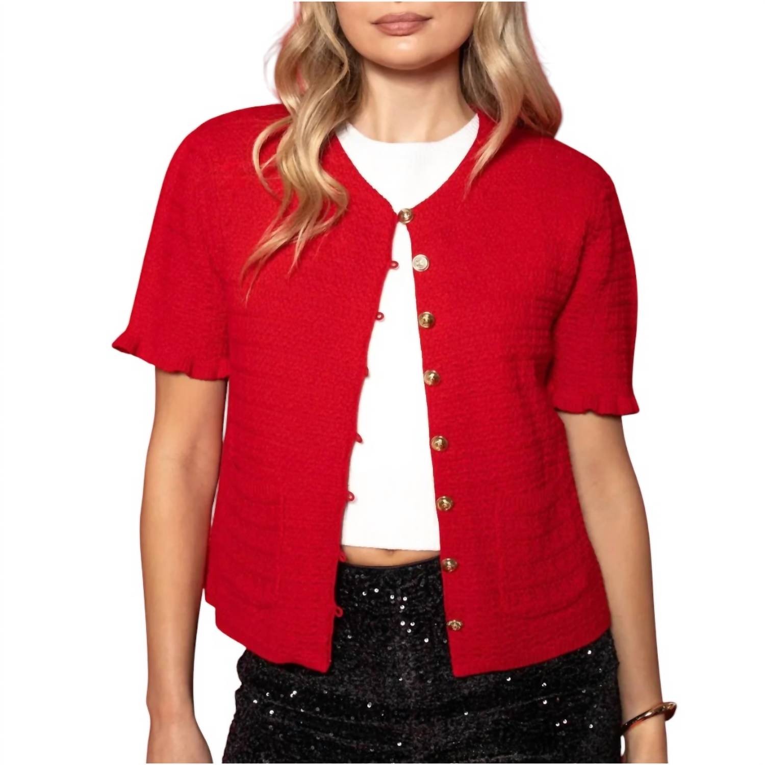 She + Sky - Short Sleeve Button Front Cardigan
