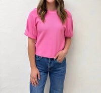 Entro - Solid Short Puff Sleeve Knit Top