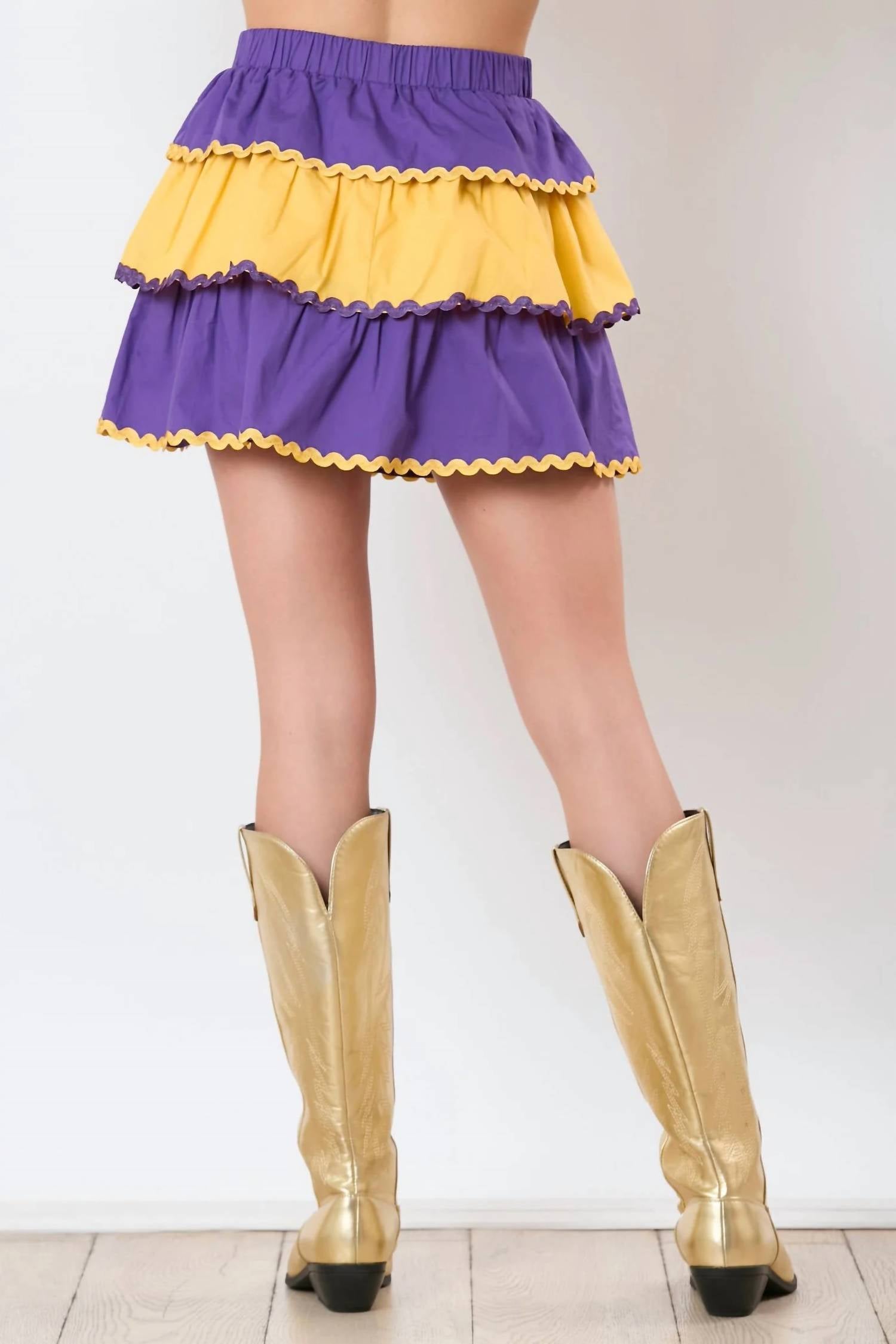 Peach Love Color Block Tiered Mini Skirt in purple yellow - women's skirt - detail view