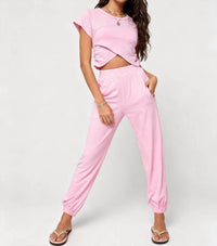 Sweetkama - Solid Color Crop Top And Pants Set