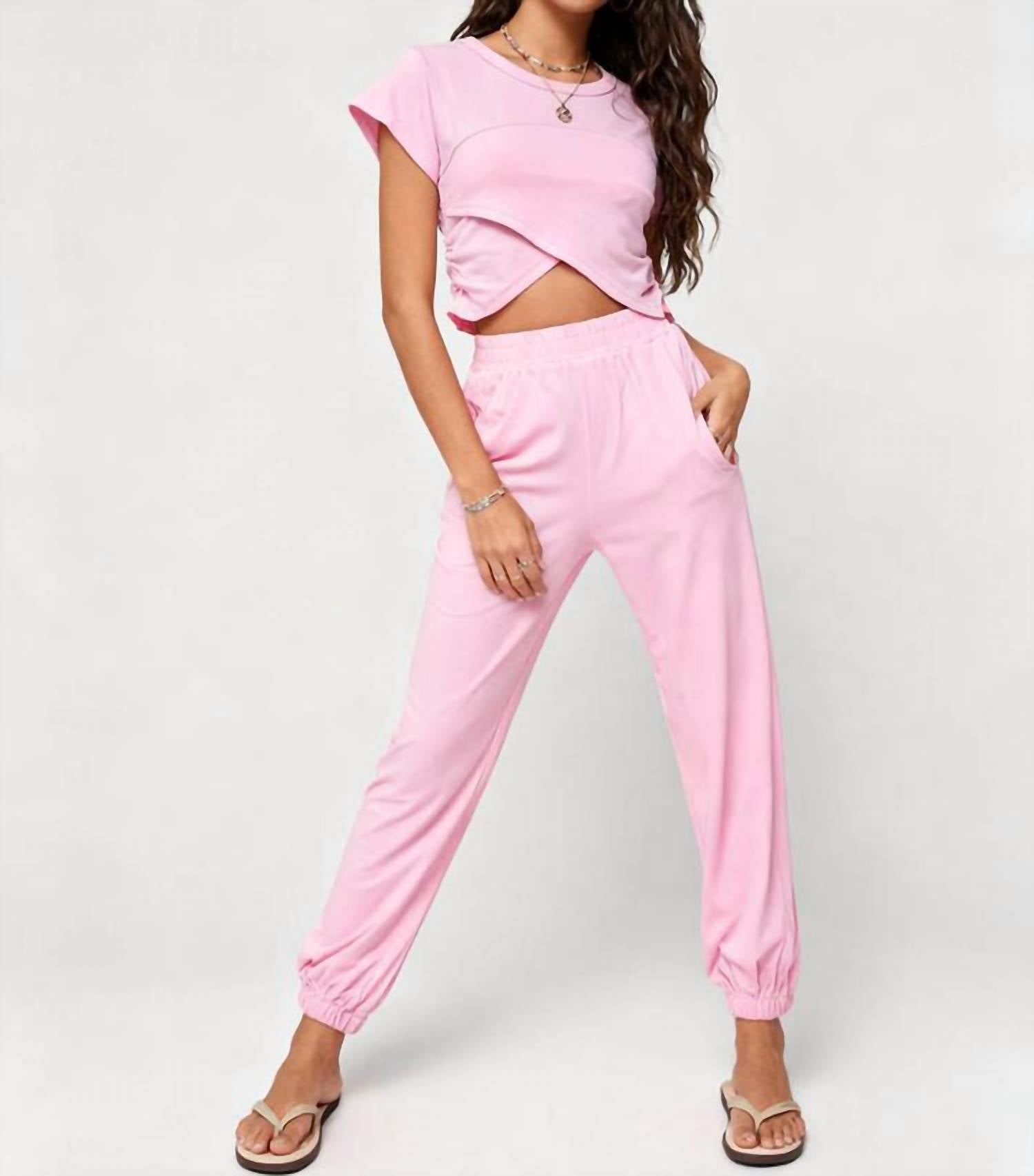 Sweetkama - Solid Color Crop Top And Pants Set
