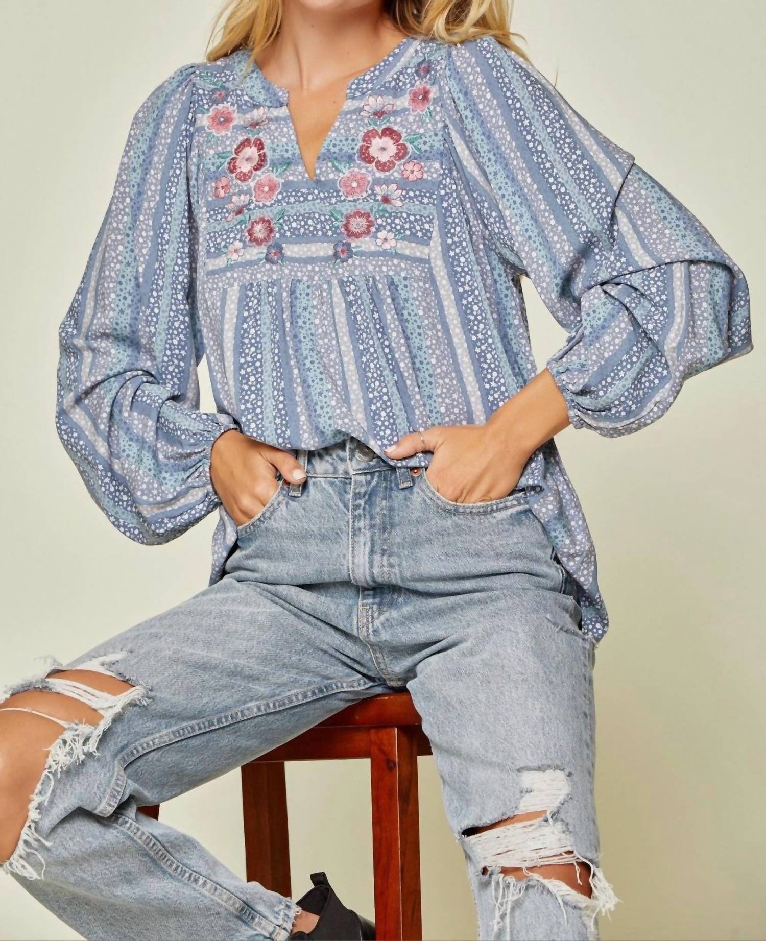 Andree By Unit - Floral Embroidered Babydoll Top