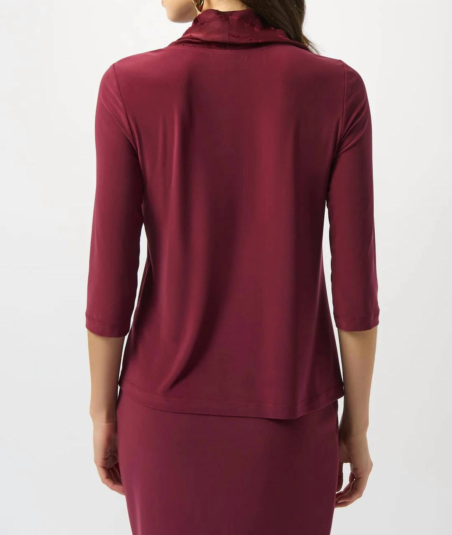 Joseph Ribkoff Cowl Neck 3/4 Sleeve Fitted Top in merlot - women's long sleeve top - detail view