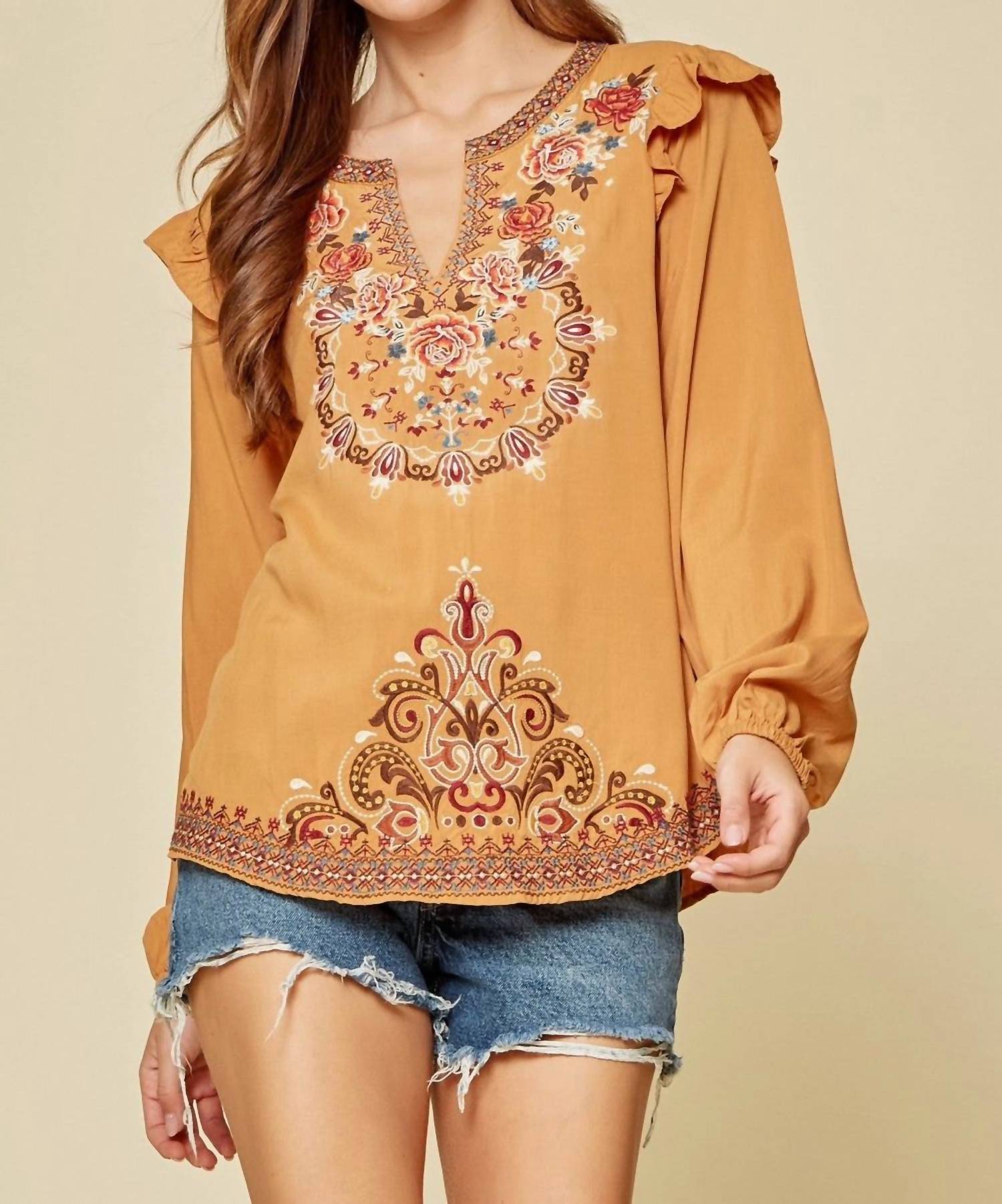 ANDREE BY UNIT Ruffle Embroidered Blouse in marigold - women's blouse