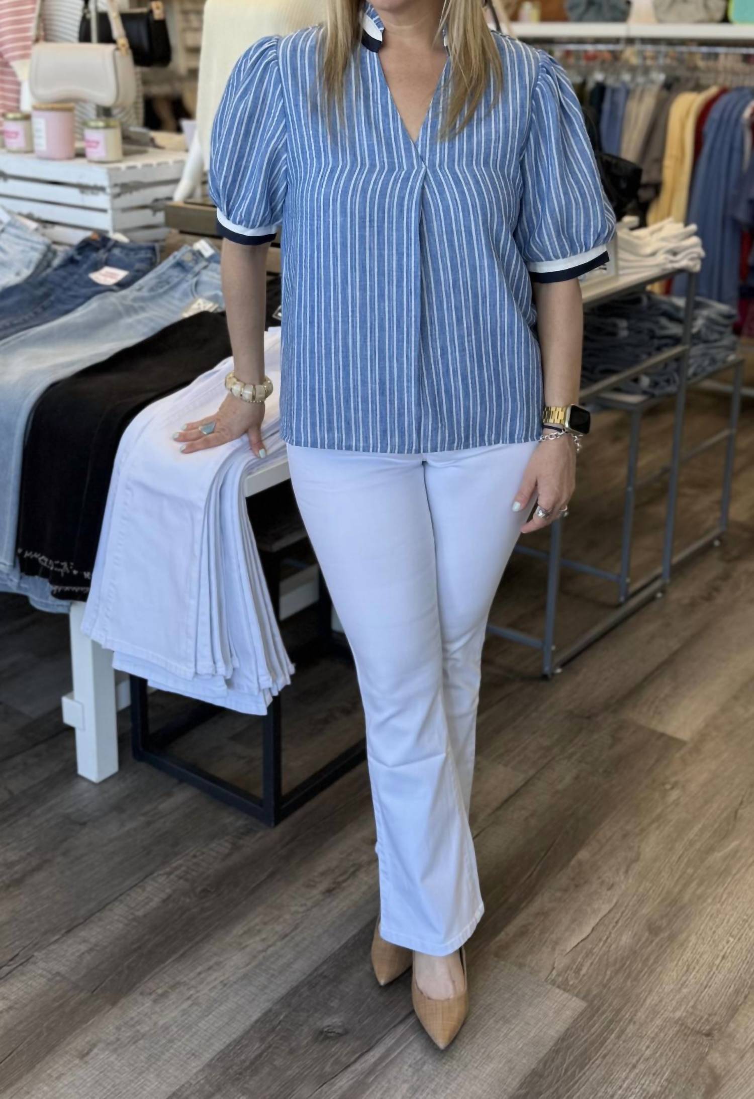 Thml - Short Sleeve Striped V Neck Top