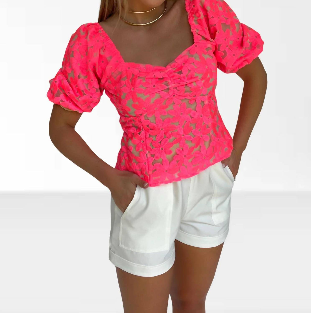 Adelyn Rae - Embroidered Flower Puff Sleeve Top