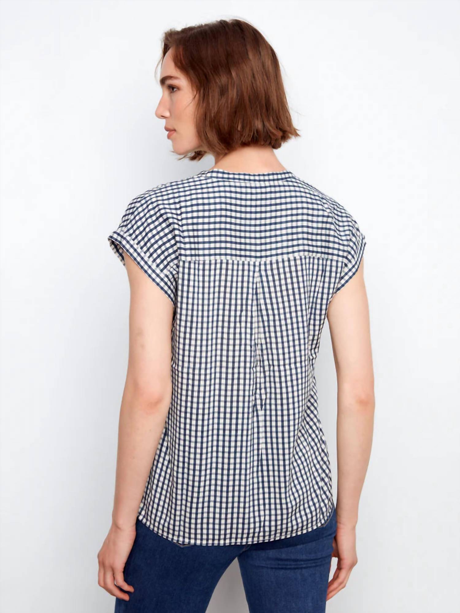 Charlie B - Printed Gingham Short Sleeve Blouse