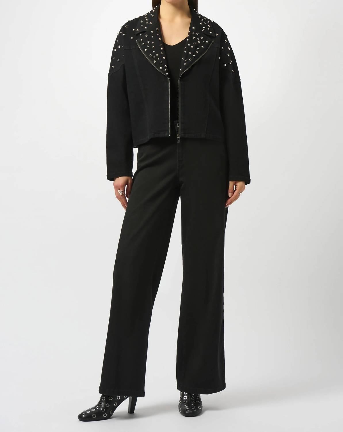 Joseph Ribkoff Stretch Denim Jacket With Stud Detailing in black - women's jacket - alternate view