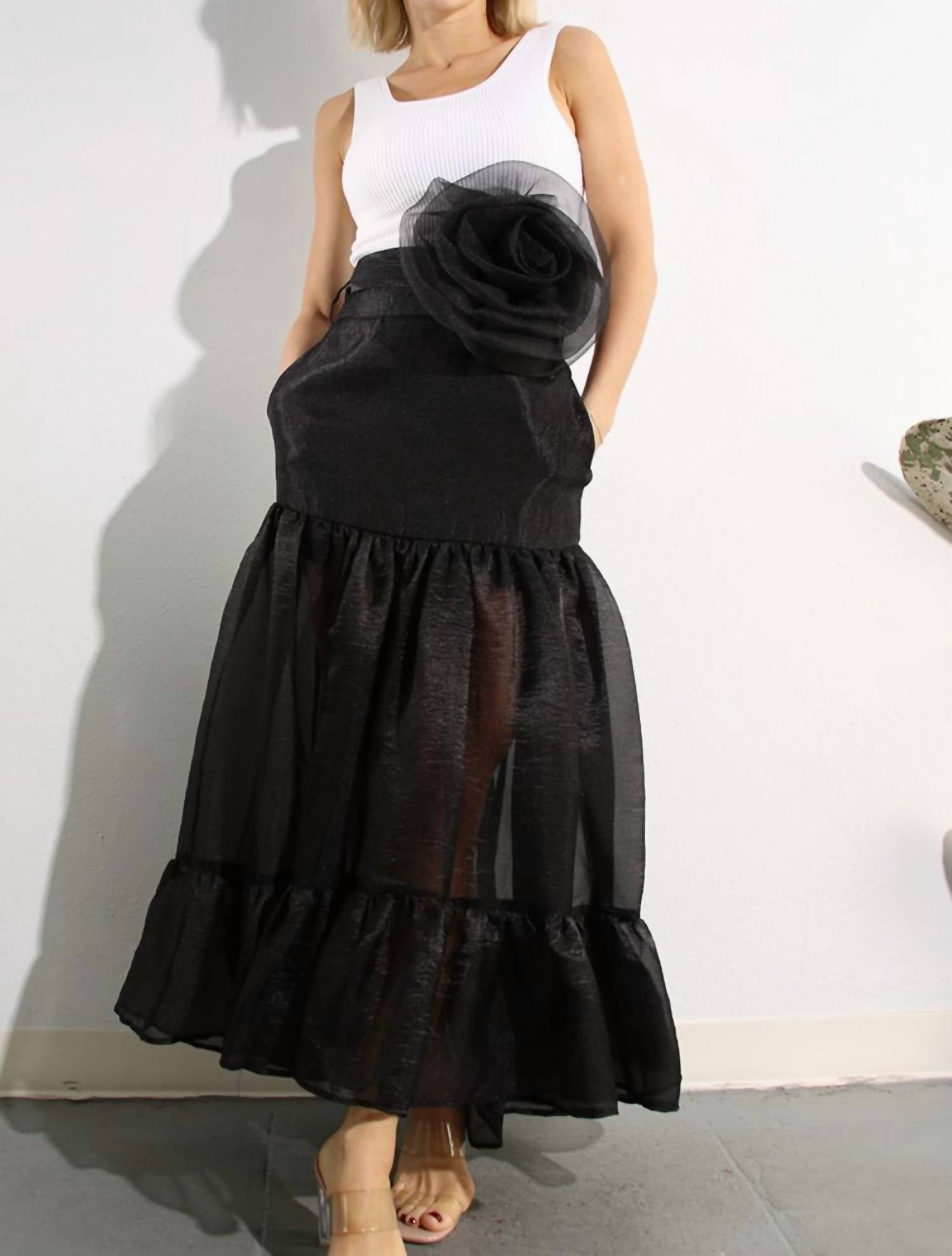 Mulla Flower Belt Organza Maxi Skirt in black - women's skirt