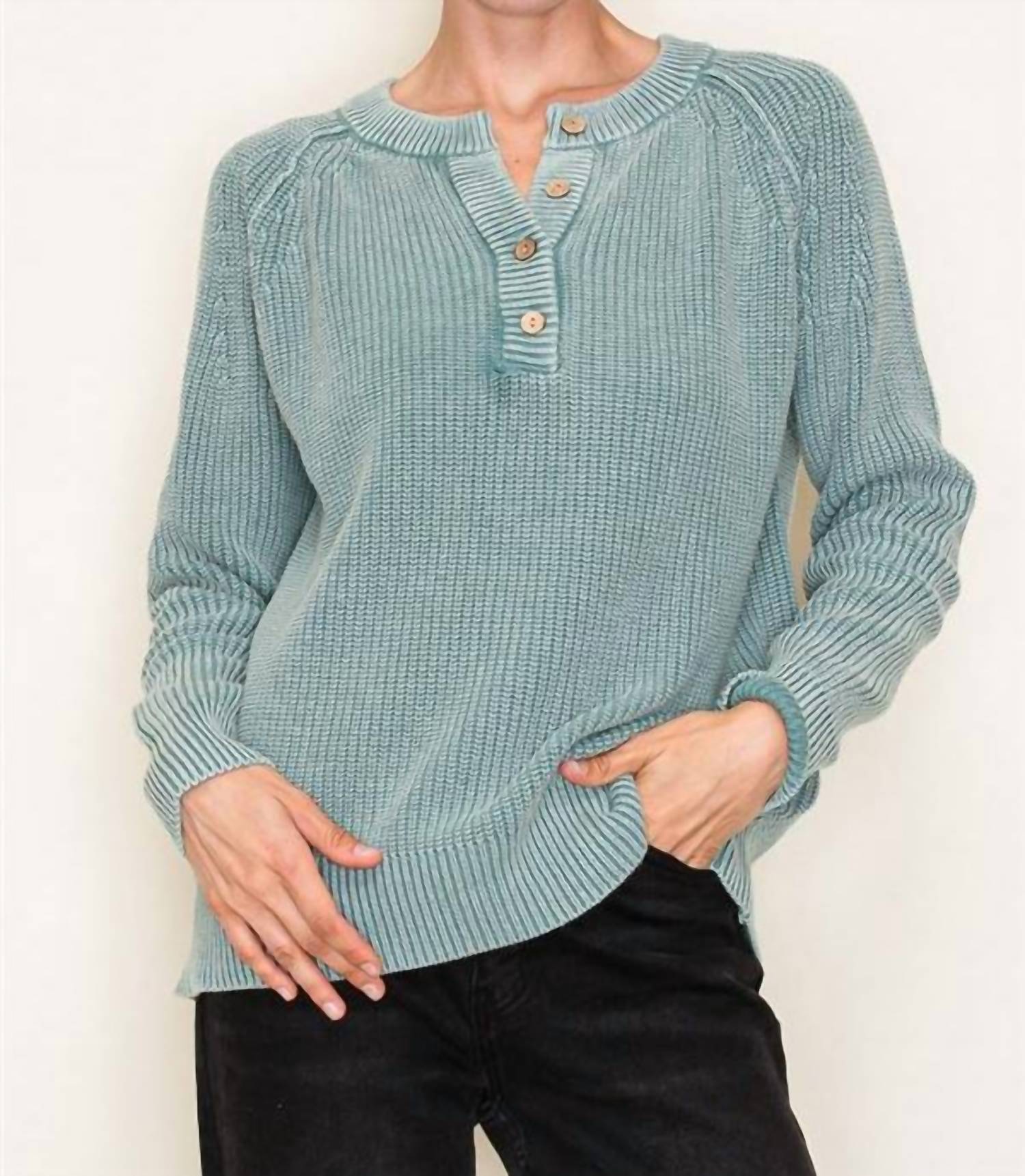 Staccato - Washed Yarn Henley Neck Half Button Sweater