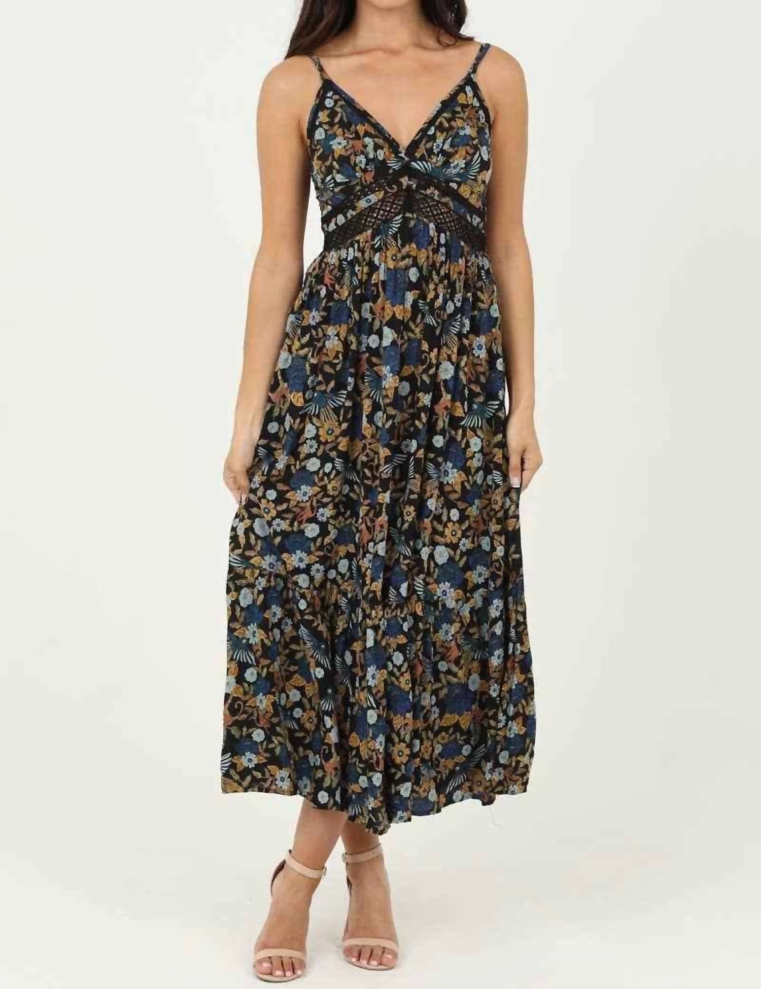 Angie - V Neck Lace Trim Maxi Dress