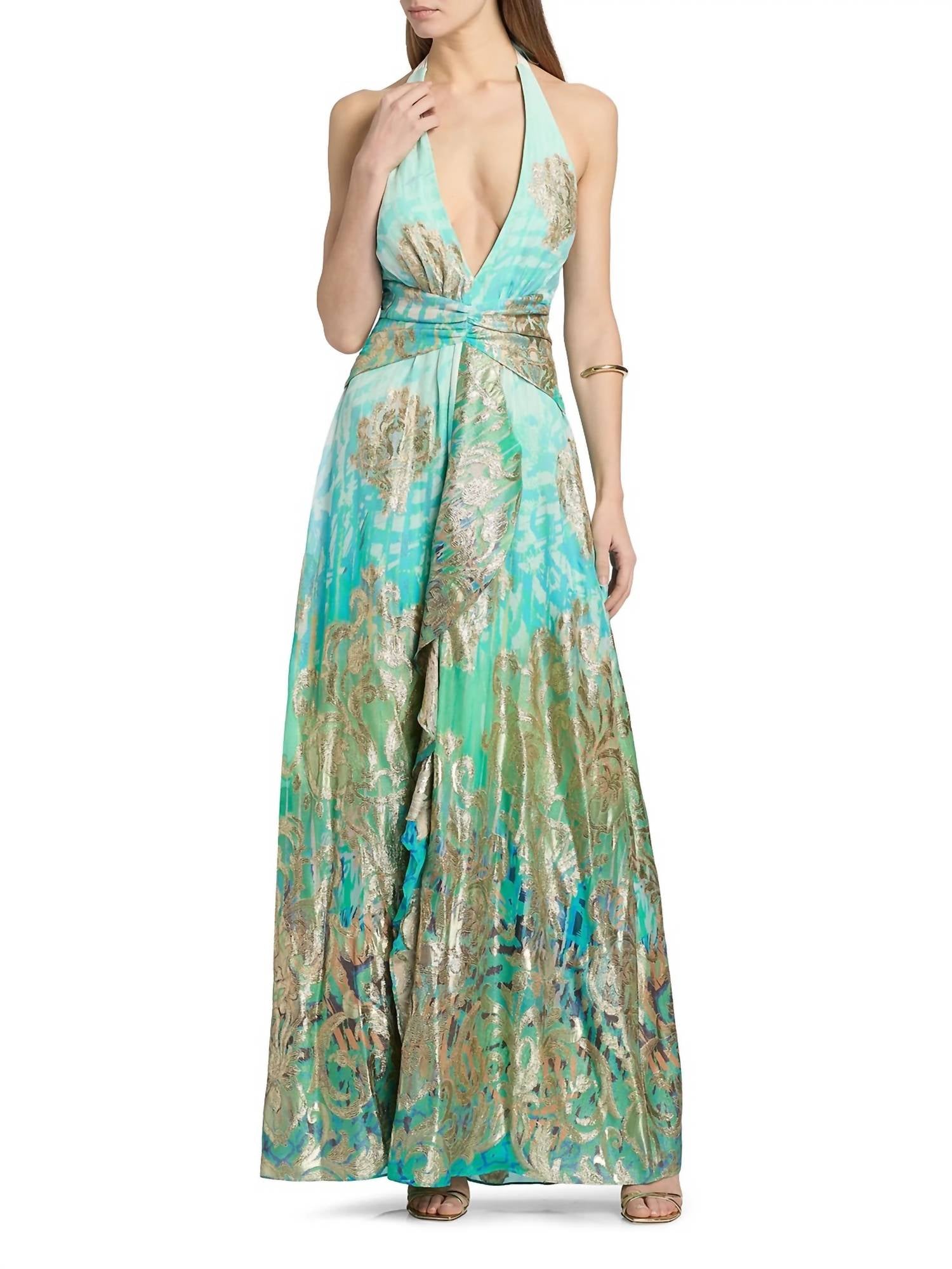 Ramy Brook Stephanie Jacquard Plunging Halter Gown in bright lime ombre - women's dress