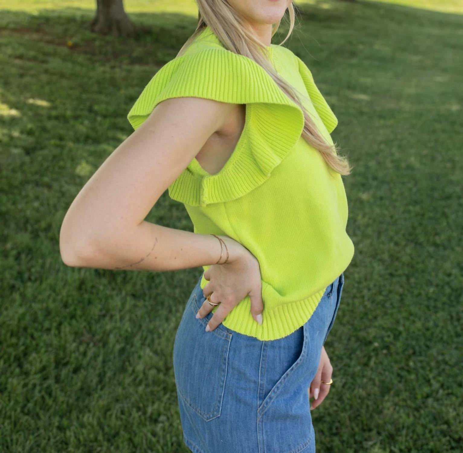 Jodifl Glow Get 'em Ruffle Knit Top in lime - women's blouse - detail view