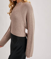 Bluivy - Mock Neck Open Back Ribbed Knit Tie Sweater Top