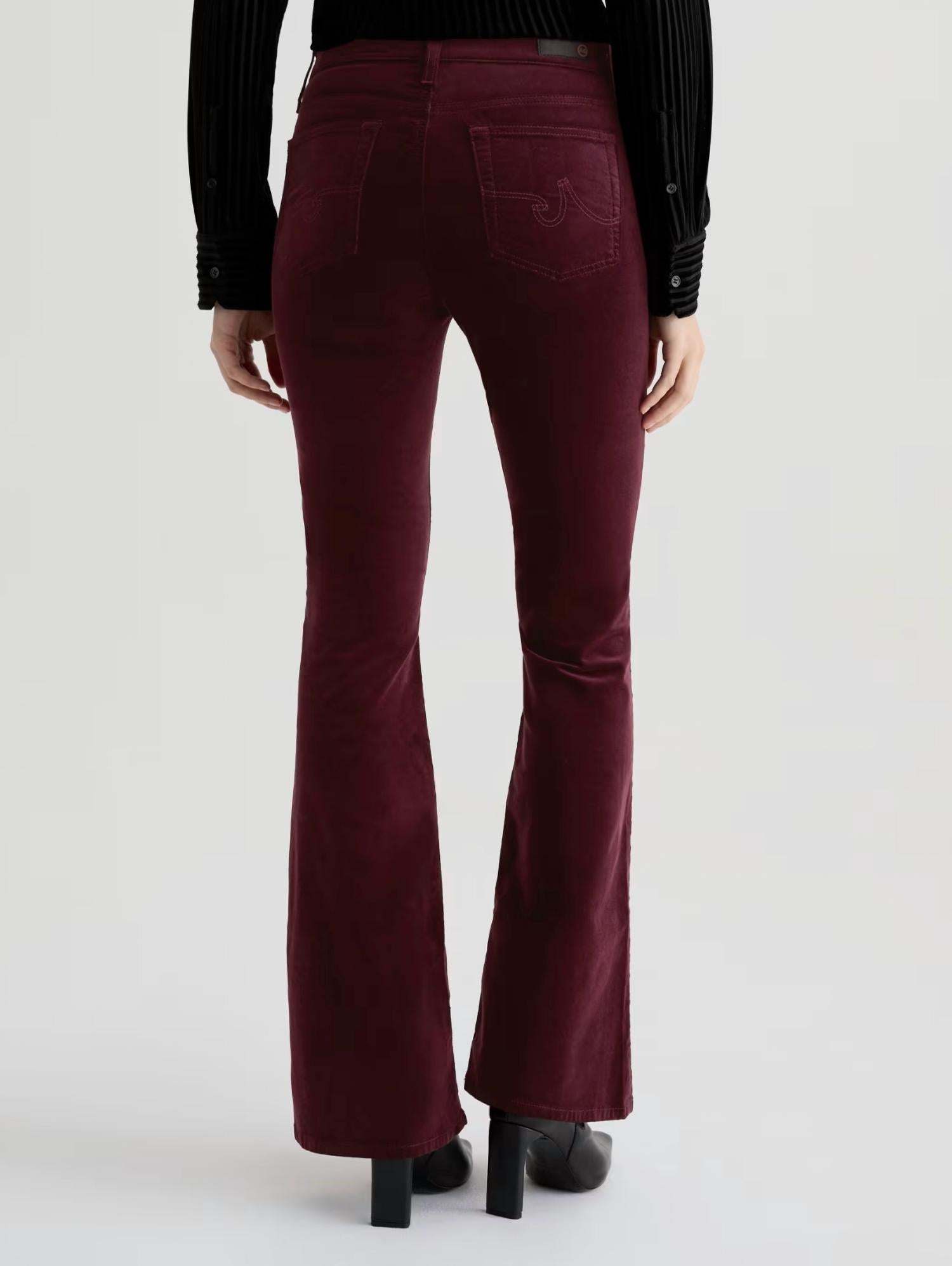 AG Jeans Farrah Mid Rise Boot Velvet Jeans in winery - women's jeans - detail view