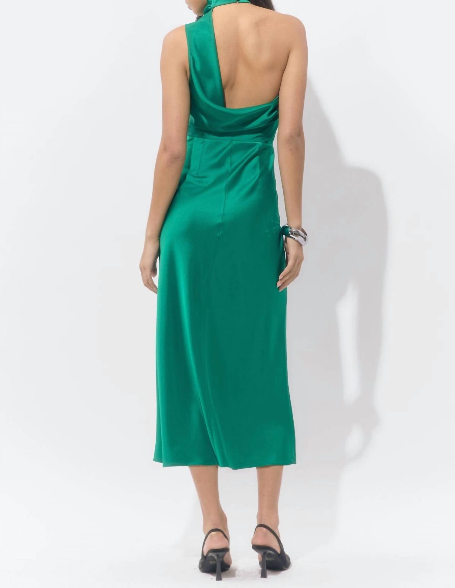 adelyn rae Jodie High Neck Satin Midi Dress in emerald - women's dress - alternate view