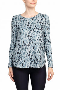 Joan Vass - Women's Scoop Neck Long Sleeve Hem Animal Print Jersey Top