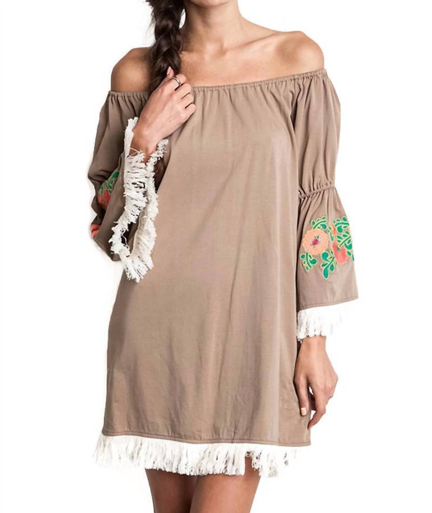 umgee Embroidered Off The Shoulder Dress in mocha - women's dress