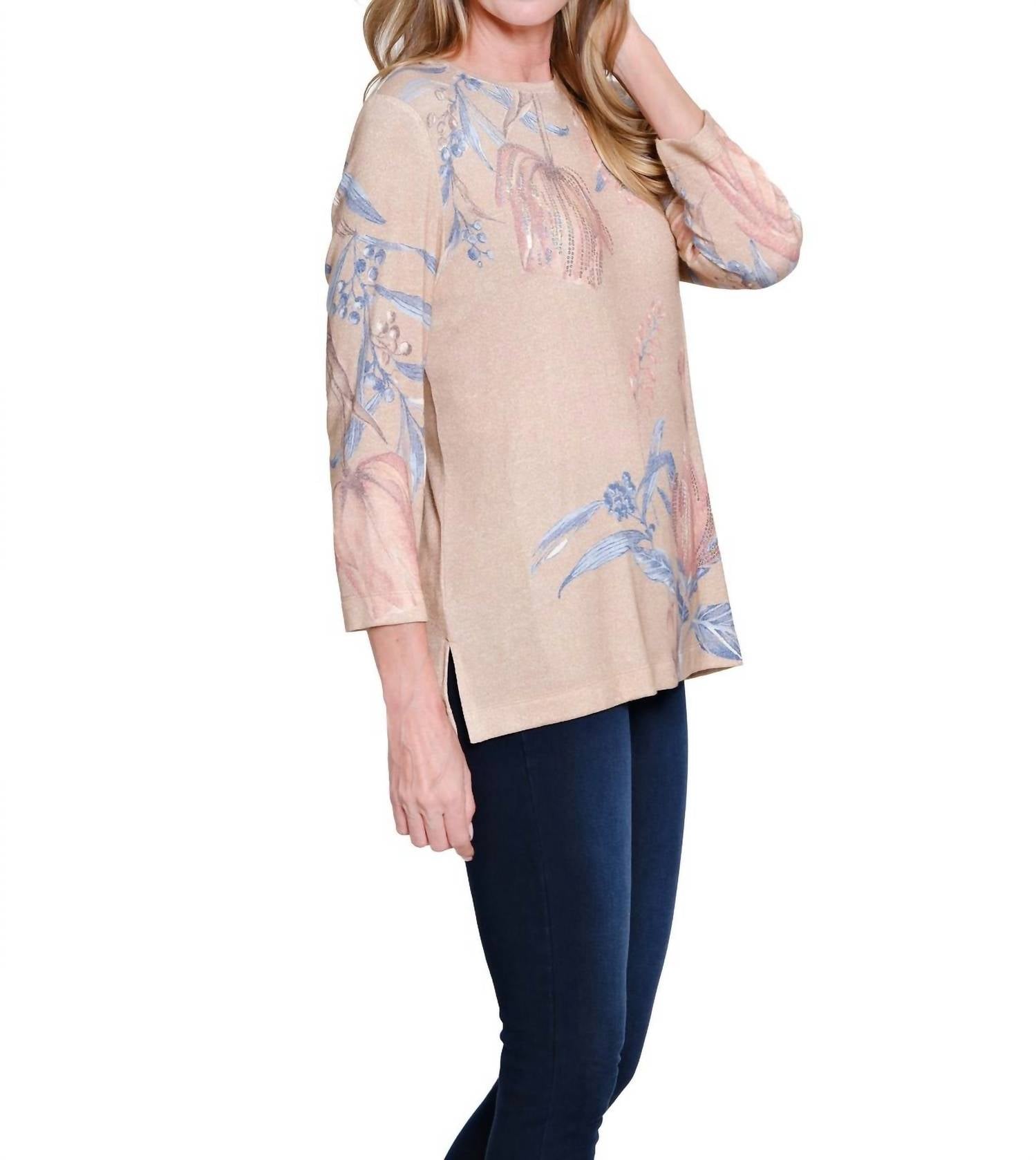 Multiples 3/4 Sleeve Scoop Neck Embellished Top in floral - women's blouse - alternate view