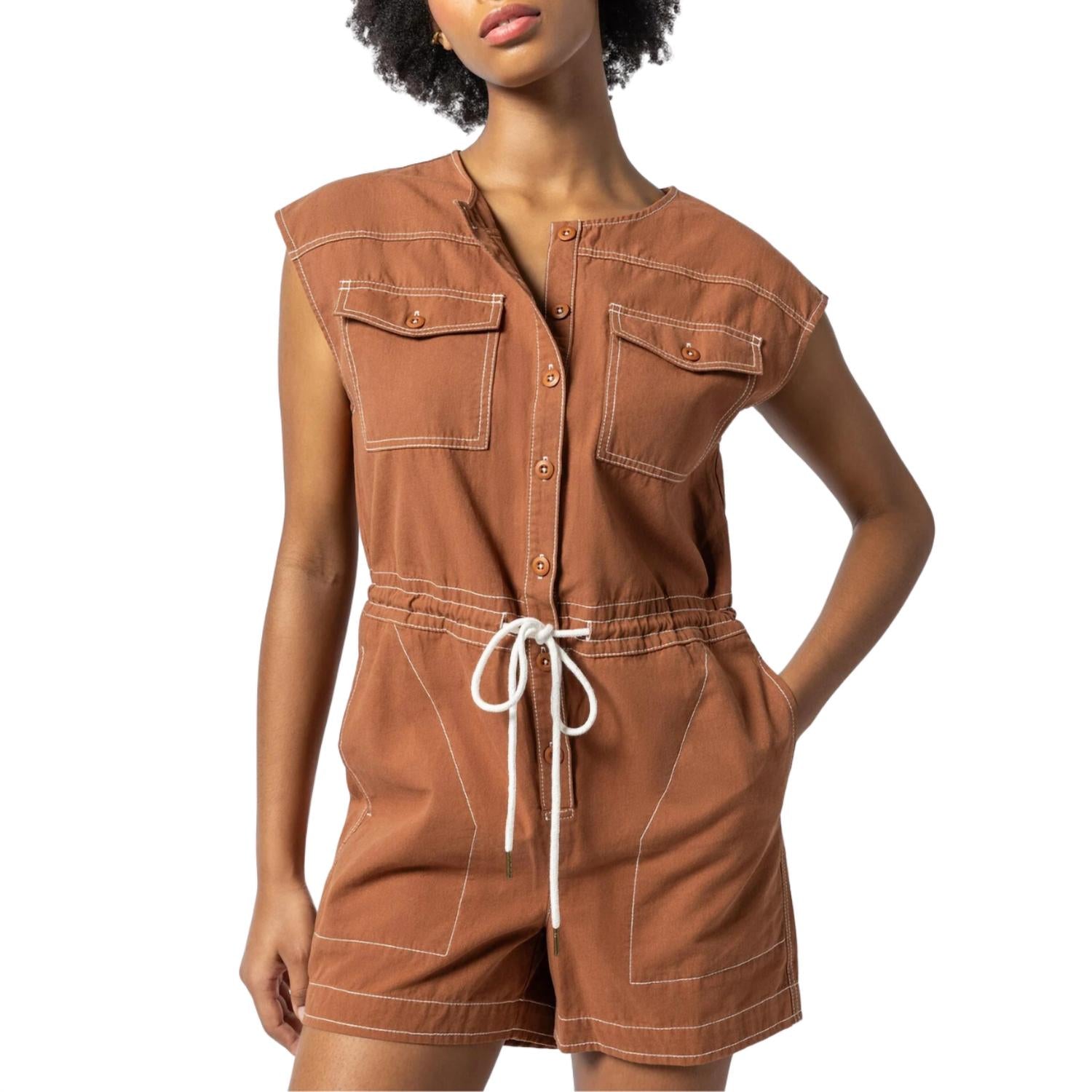 Lilla P Women's Short Sleeve Canvas Romper in bronze - women's pants