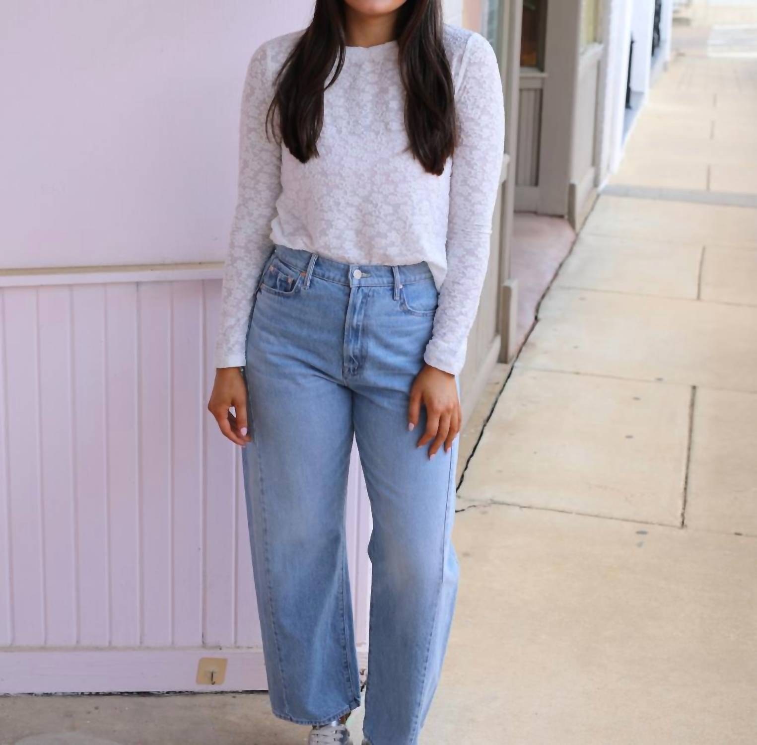 Dylan Mesh Flowers Tee in white - women's long sleeve top