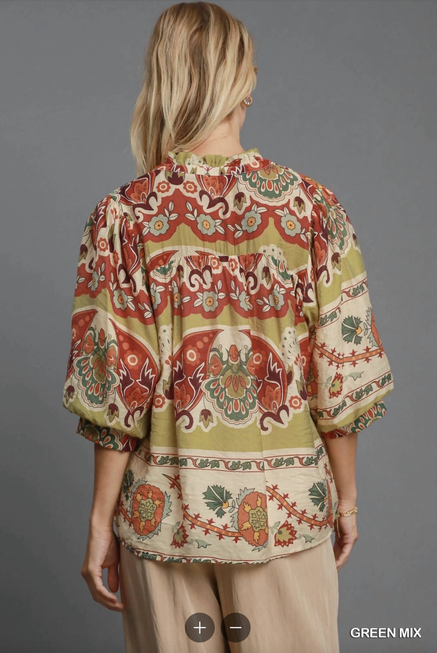 Umgee - Border Print Notched 3/4 Puff Sleeve Blouse