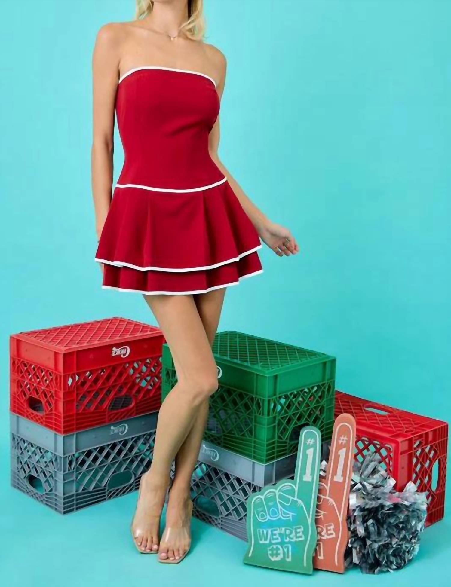 Day + Moon - Strapless Drop Waist Pleated Mini Romper Dress