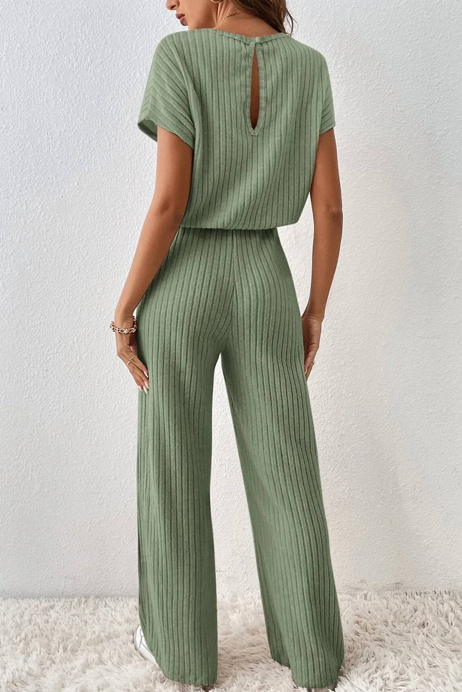 Kentce Fashion - Ribbed Short Sleeve Wide Leg Jumpsuit