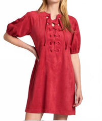 Apny - Vegan Suede Lace-Up Puff Sleeve Dress