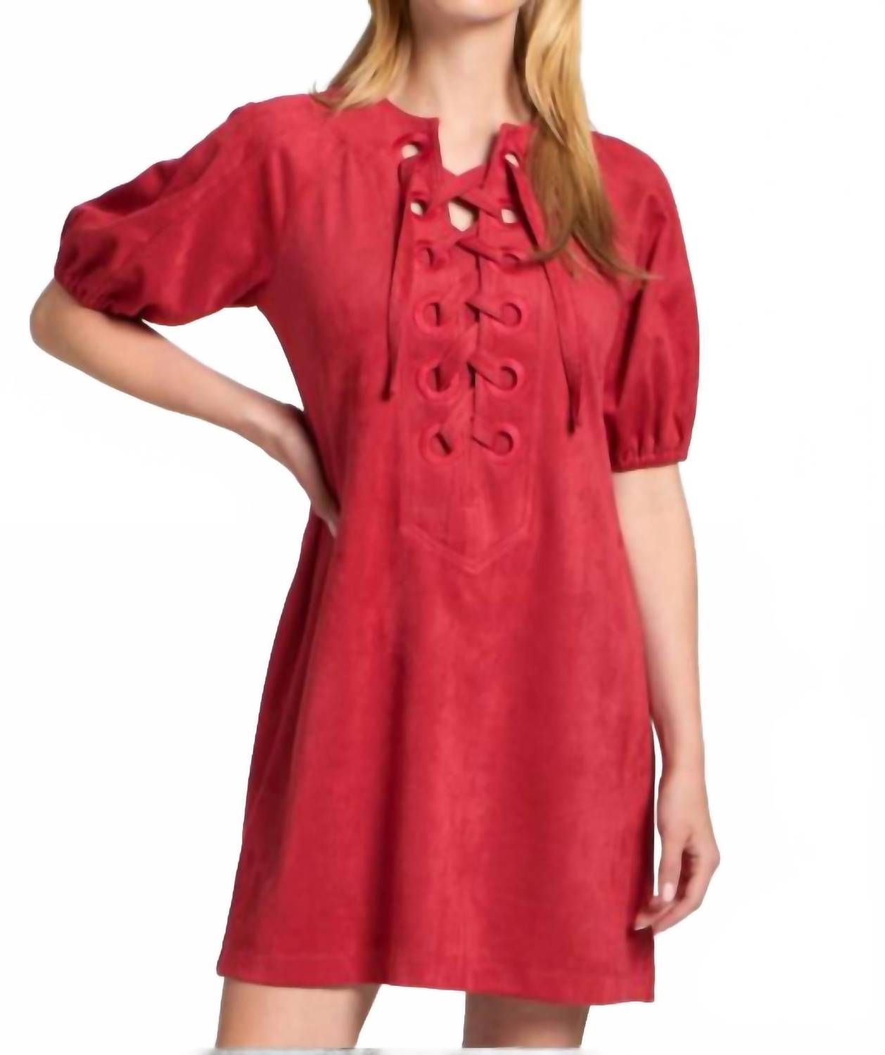 Apny - Vegan Suede Lace-Up Puff Sleeve Dress