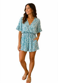 She + Sky - Kimono Sleeve Waist Smocked Romper