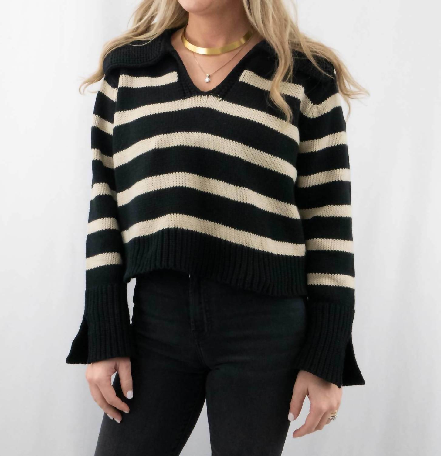 Olivaceous - Women's Striped Collar Sweater