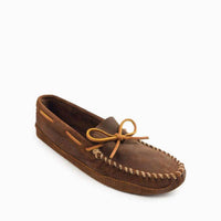 MINNETONKA Men's Double Bottom Softsole Moccasis Shoes in brown ruff - men's loafer - detail view