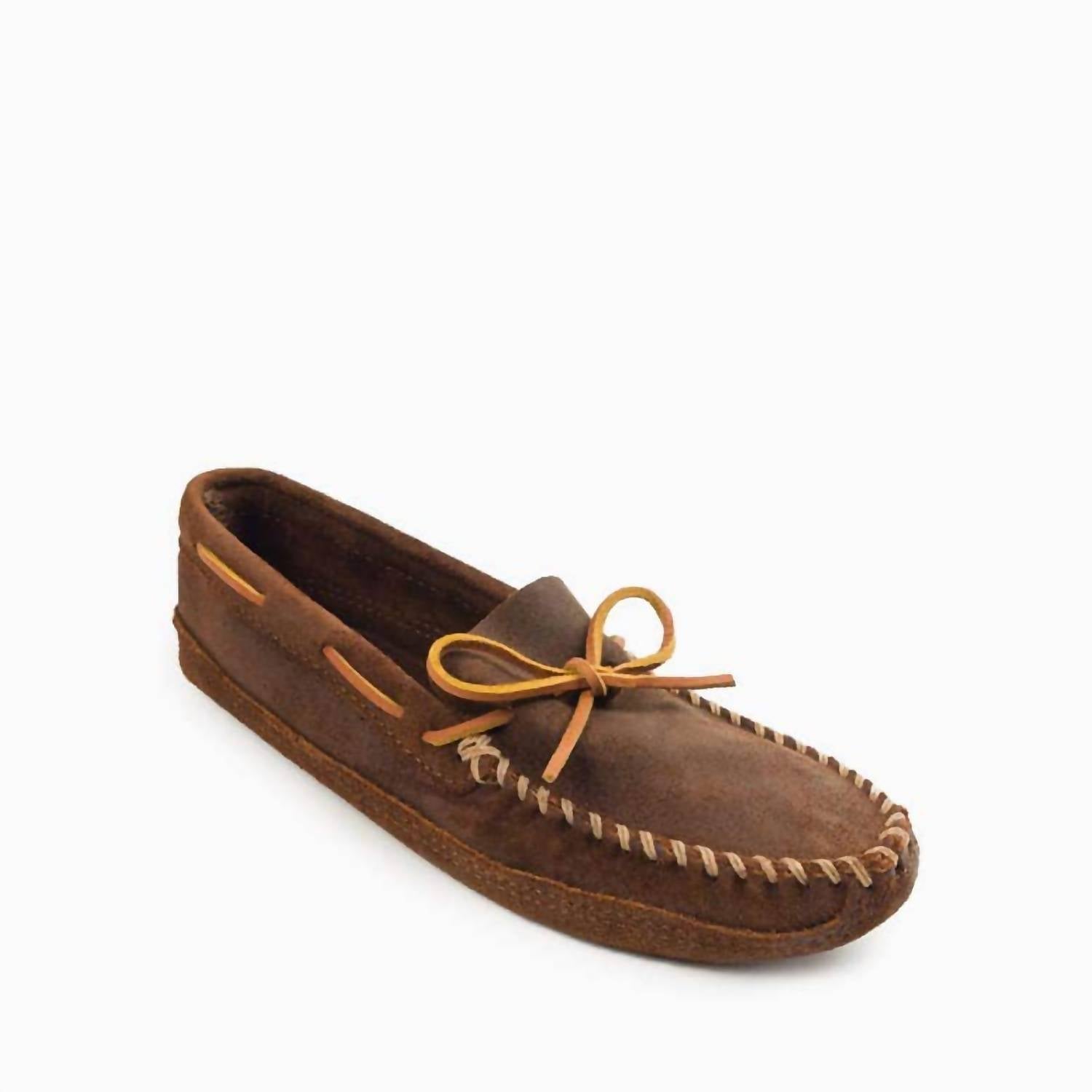 MINNETONKA Men's Double Bottom Softsole Moccasis Shoes in brown ruff - men's loafer - detail view