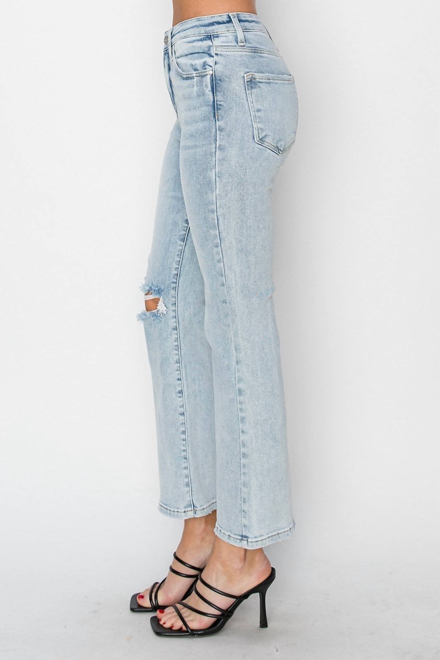 Risen - High Rise Knee Distressed Ankle Flare Jeans