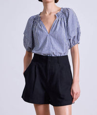 APIECE APART Caminitas Puff Sleeve Top in skinny stripes indigo cream - women's blouse - detail view