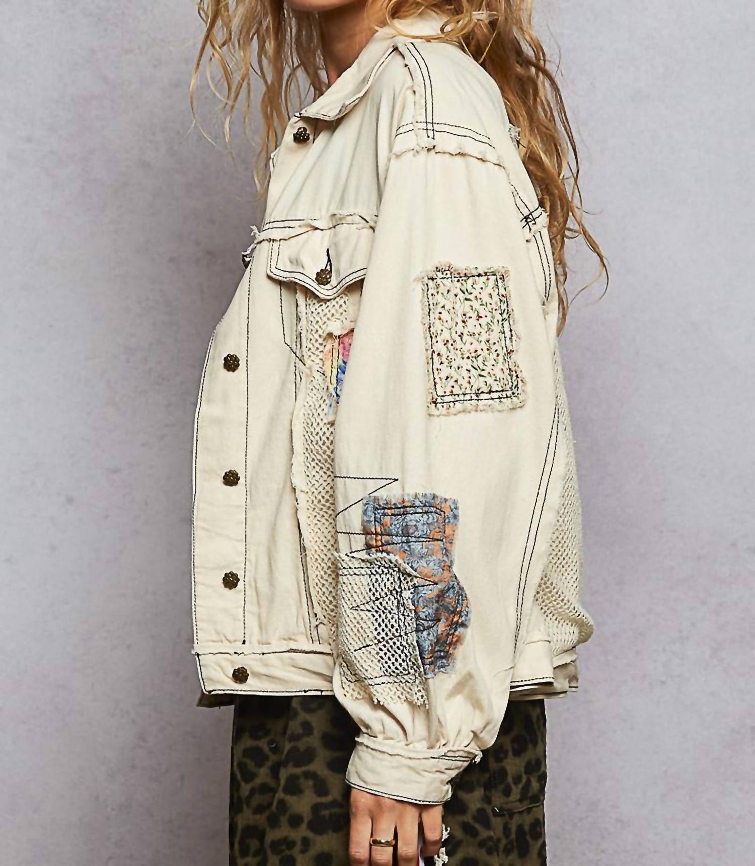 POL Patch And Net Work Jacket in oatmeal - women's jacket - alternate view