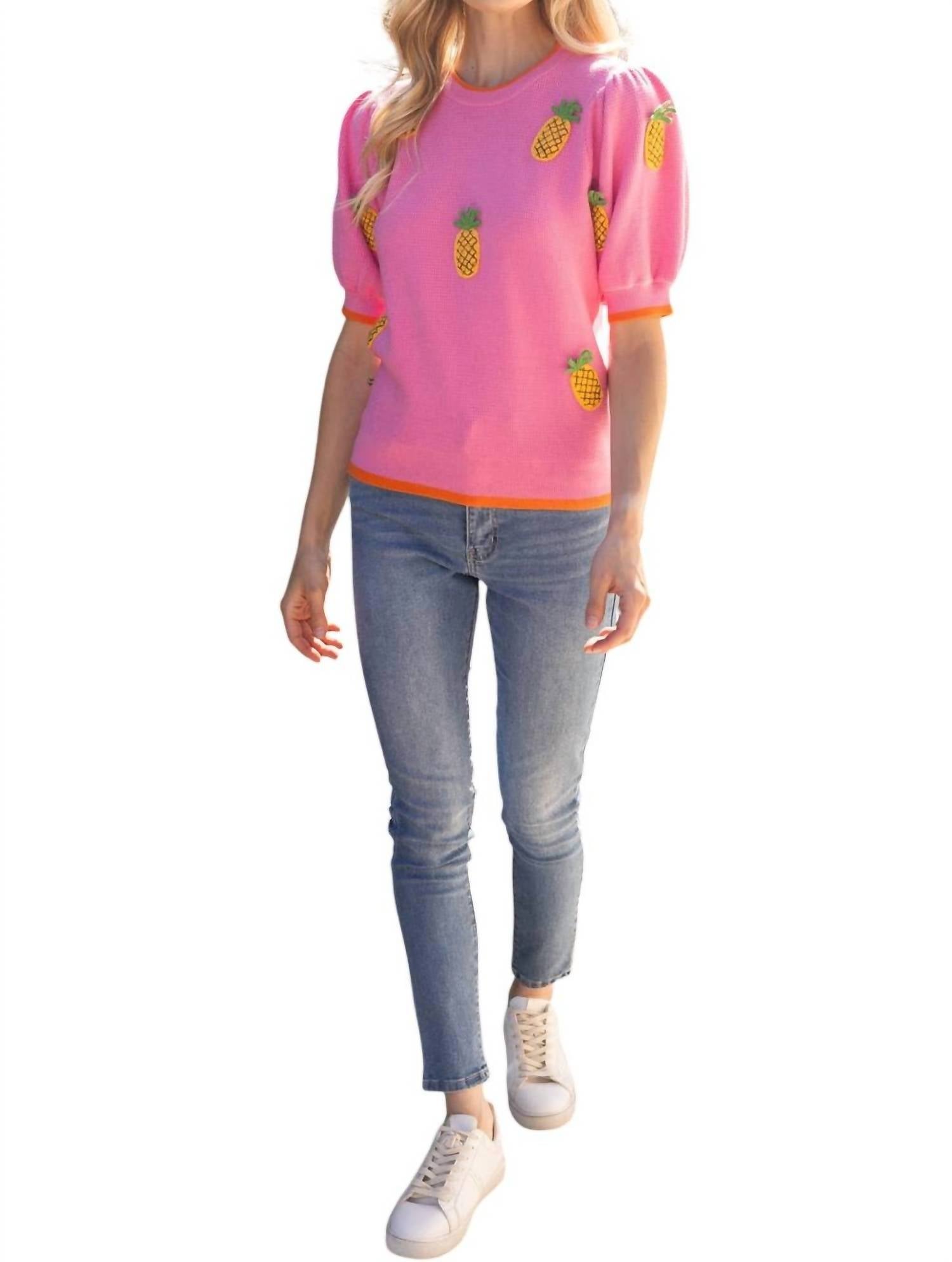 Voy - Sunny Pineapple Puff Sleeve Knit Top