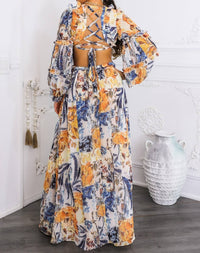 SurelyMine Boho Floral Cutout Lace-up Maxi Dress in cream - women's dress - detail view