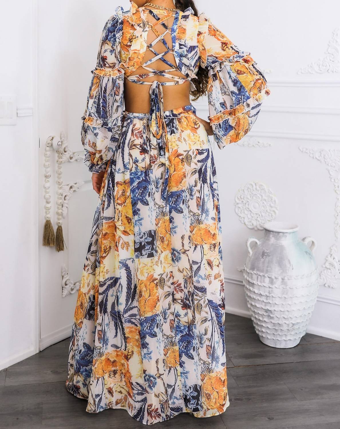 SurelyMine Boho Floral Cutout Lace-up Maxi Dress in cream - women's dress - detail view